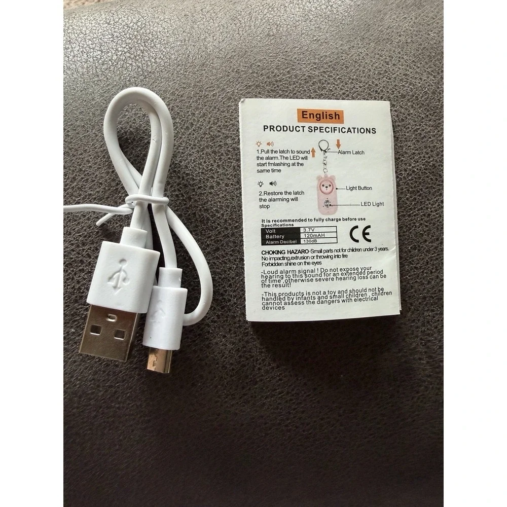 Personal Alarm Flashlight 130dB Rechargeable Looks Like Ordinary Bag Charm